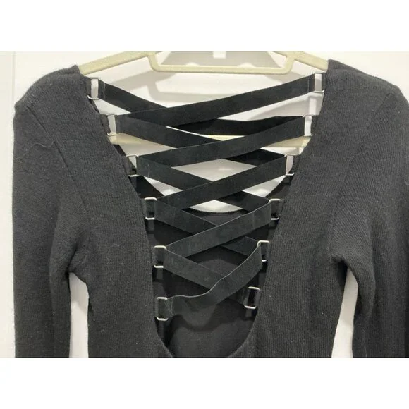 Sky Brand Sweater Small Black Suede Feel Cross Cross Straps On Back NWT - Picture 5 of 8